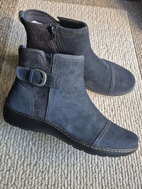 Clarks Navy Suede Ankle Boot with Side Buckle